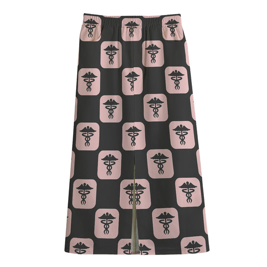 Caduceus Pattern Print Cotton Front Slit Maxi Skirt
