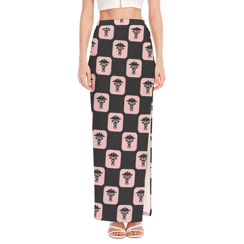 Caduceus Pattern Print High Slit Maxi Skirt