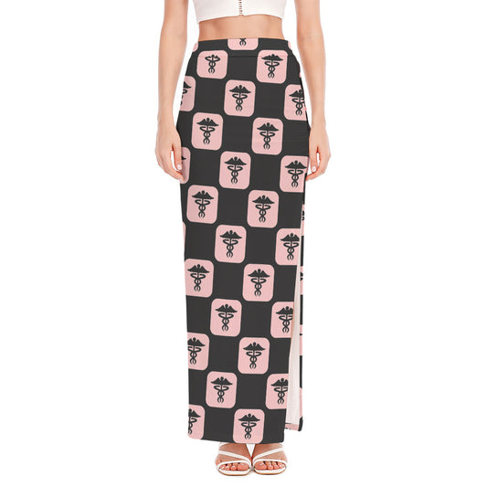 Caduceus Pattern Print High Slit Maxi Skirt