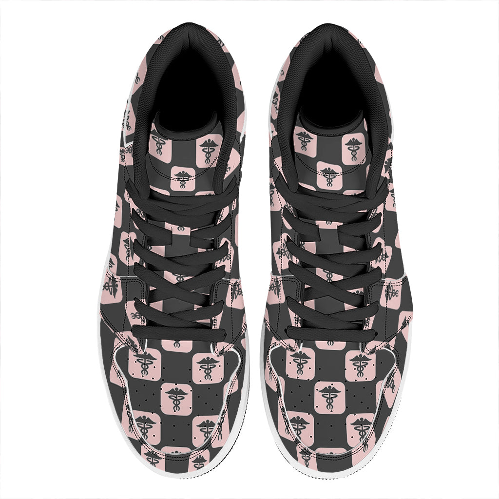 Caduceus Pattern Print High Top Leather Sneakers
