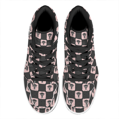 Caduceus Pattern Print High Top Leather Sneakers