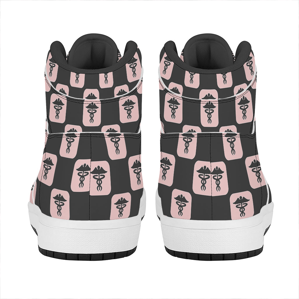 Caduceus Pattern Print High Top Leather Sneakers