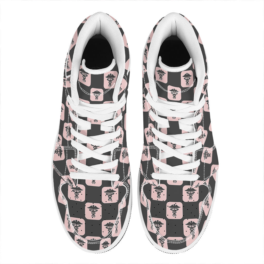 Caduceus Pattern Print High Top Leather Sneakers