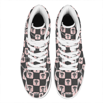 Caduceus Pattern Print High Top Leather Sneakers