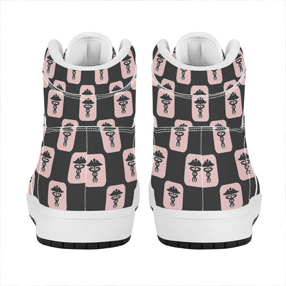 Caduceus Pattern Print High Top Leather Sneakers