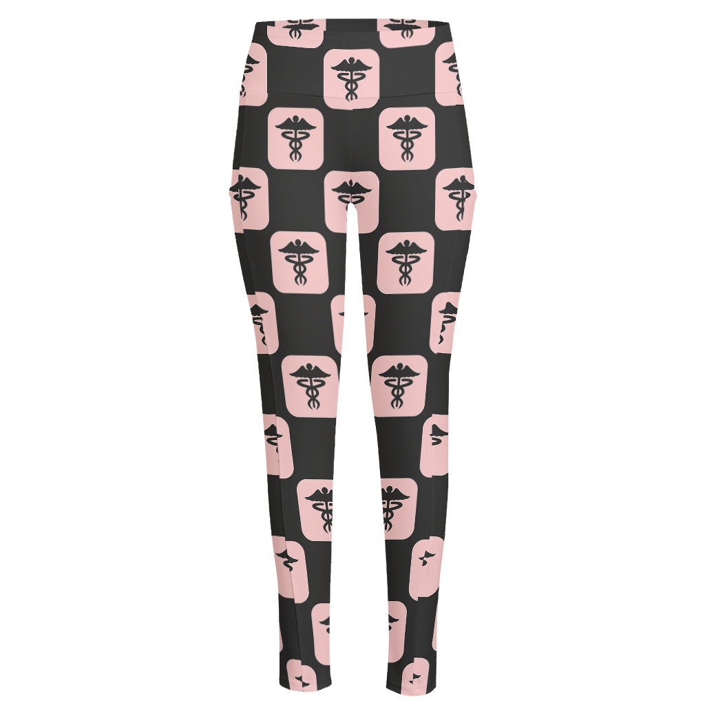 Caduceus Pattern Print High-Waisted Pocket Leggings