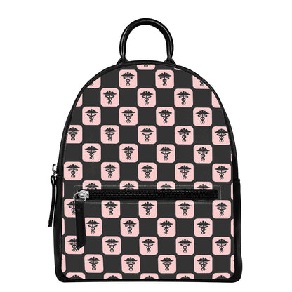 Caduceus Pattern Print Leather Backpack