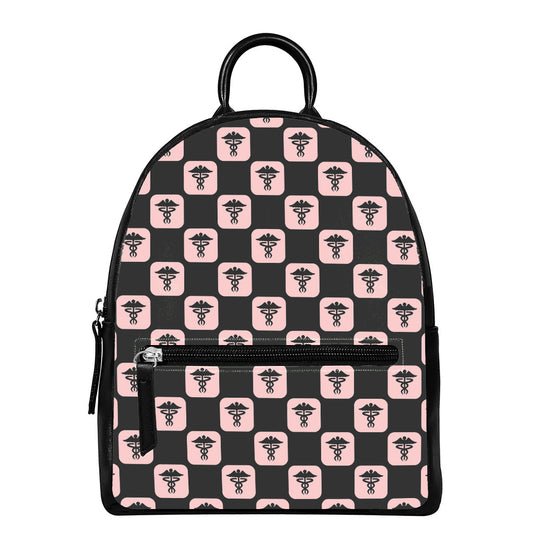 Caduceus Pattern Print Leather Backpack