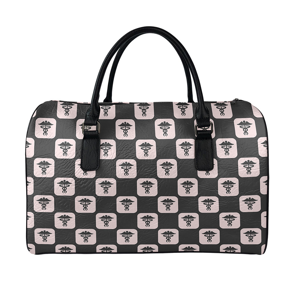 Caduceus Pattern Print Leather Duffle Bag