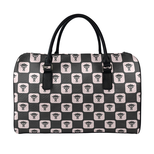 Caduceus Pattern Print Leather Duffle Bag