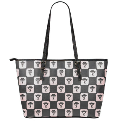 Caduceus Pattern Print Leather Tote Bag