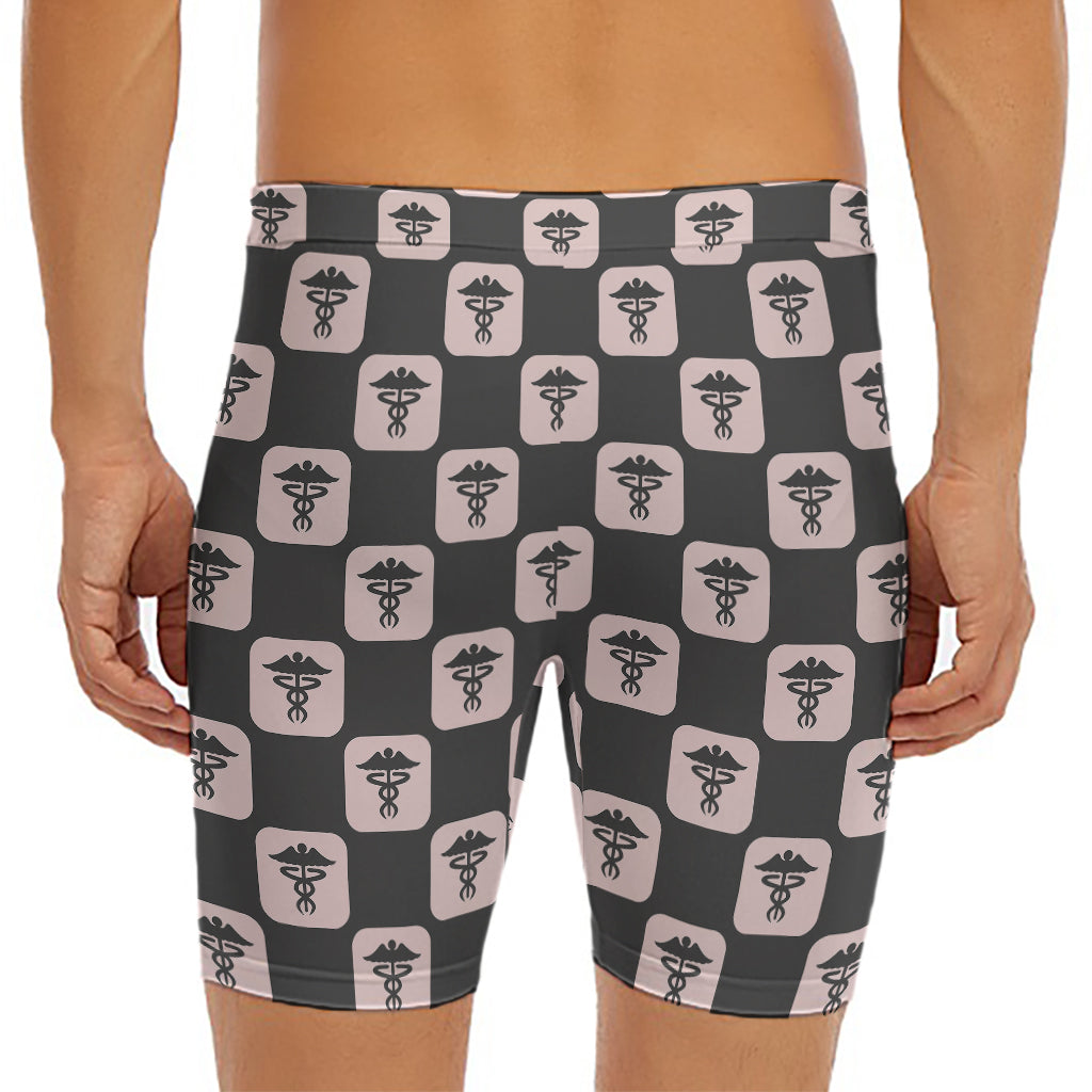Caduceus Pattern Print Men's Long Boxer Briefs