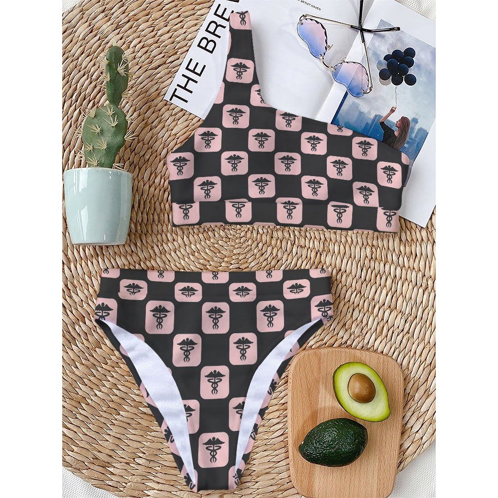 Caduceus Pattern Print One Shoulder Bikini Top