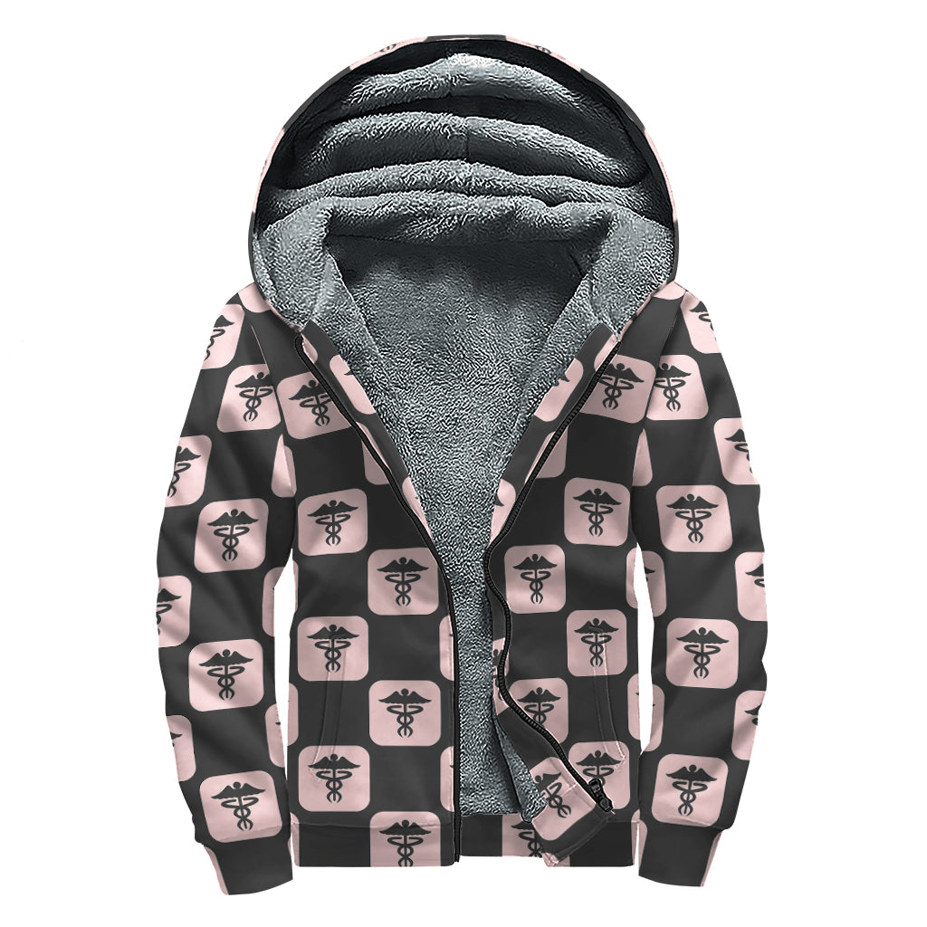 Caduceus Pattern Print Sherpa Lined Zip Up Hoodie