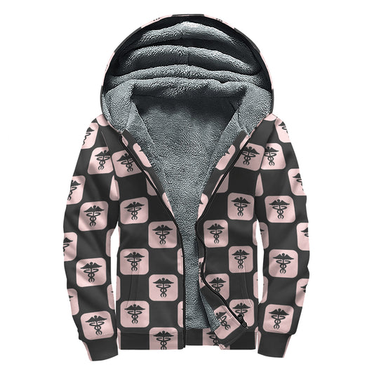 Caduceus Pattern Print Sherpa Lined Zip Up Hoodie