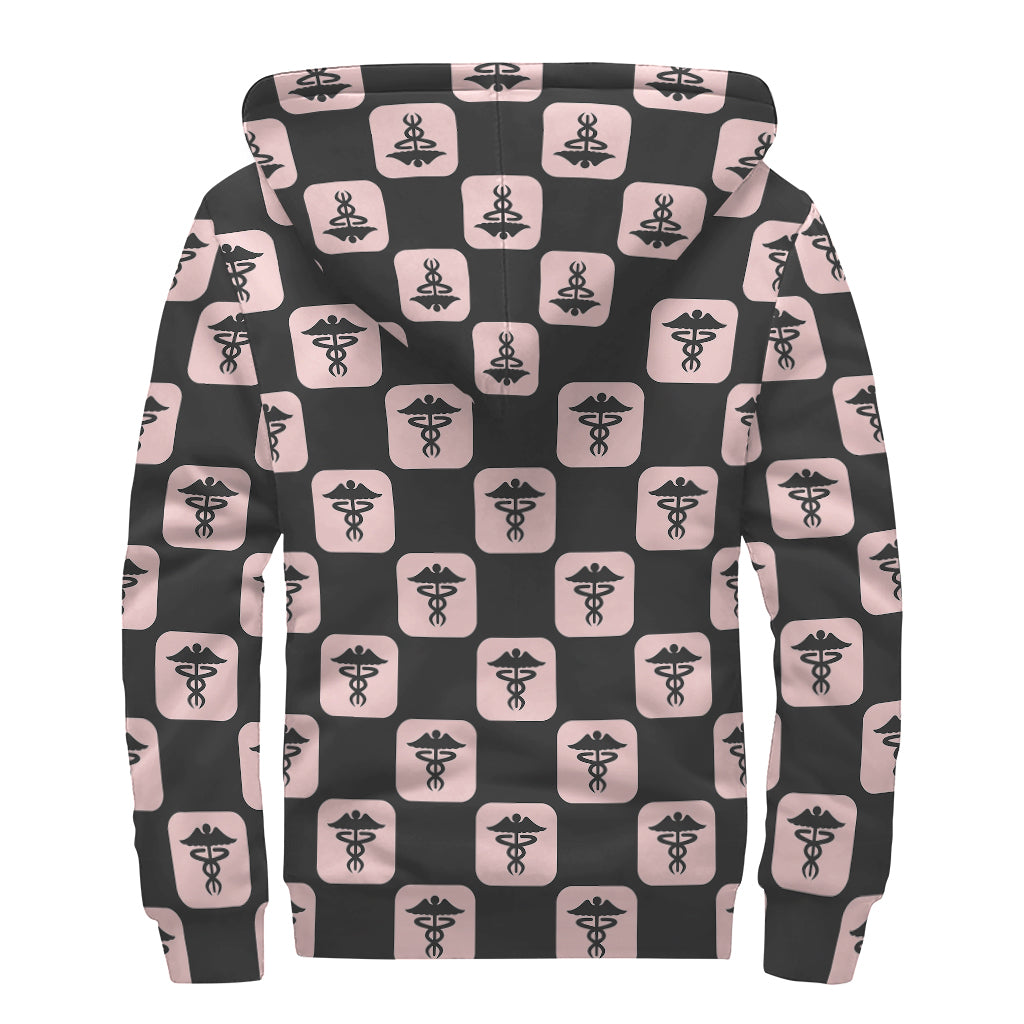 Caduceus Pattern Print Sherpa Lined Zip Up Hoodie