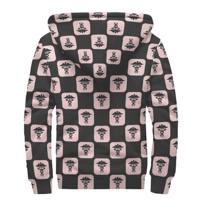 Caduceus Pattern Print Sherpa Lined Zip Up Hoodie