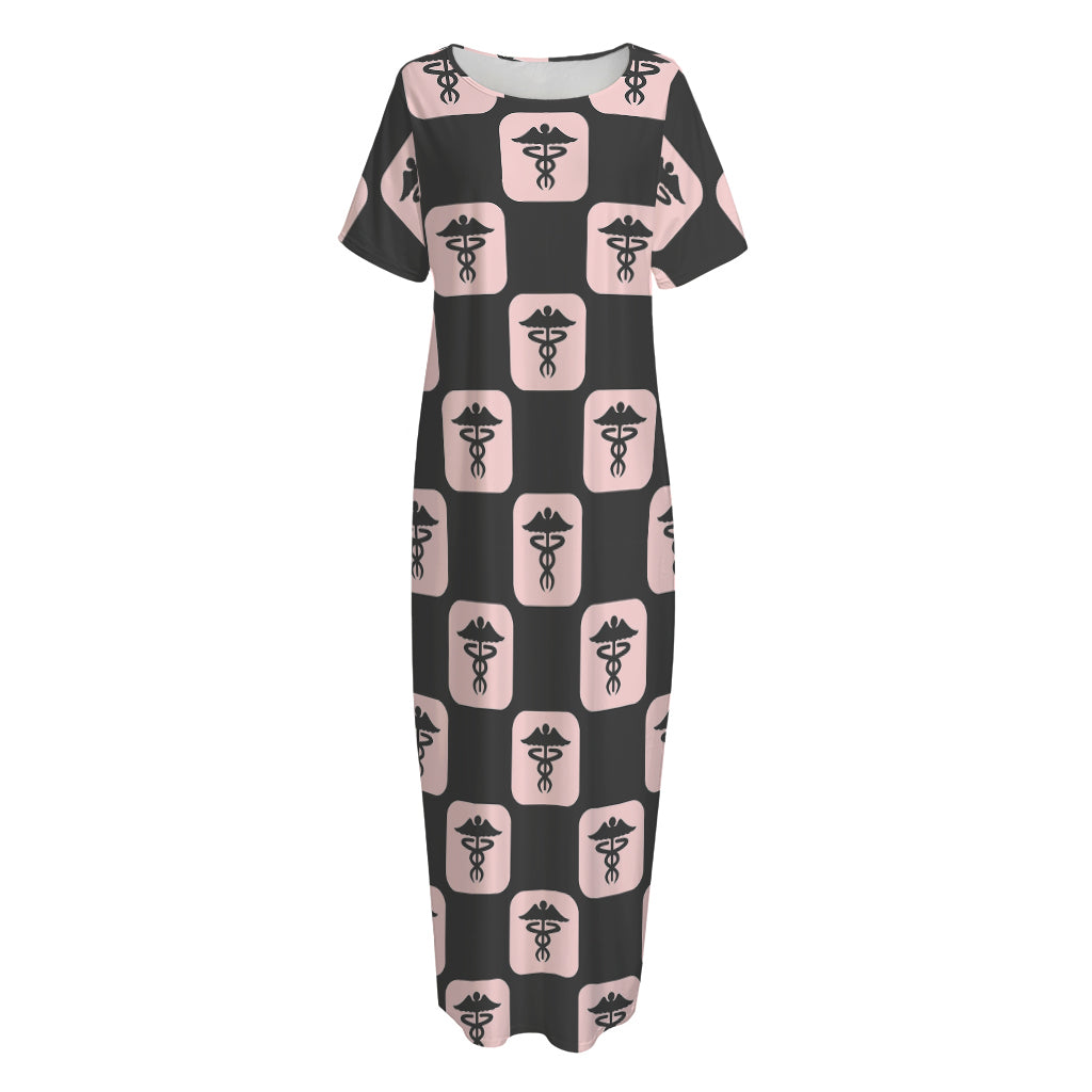 Caduceus Pattern Print Short Sleeve Long Nightdress