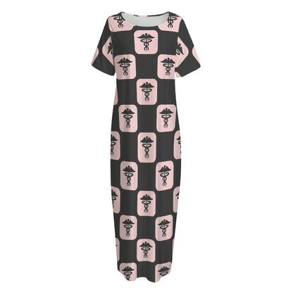 Caduceus Pattern Print Short Sleeve Long Nightdress