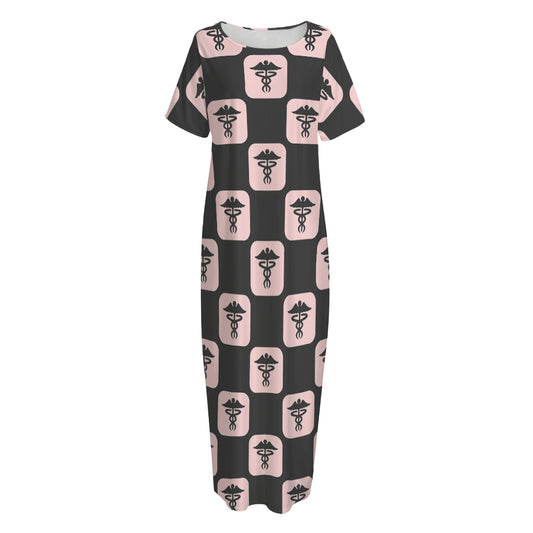 Caduceus Pattern Print Short Sleeve Long Nightdress