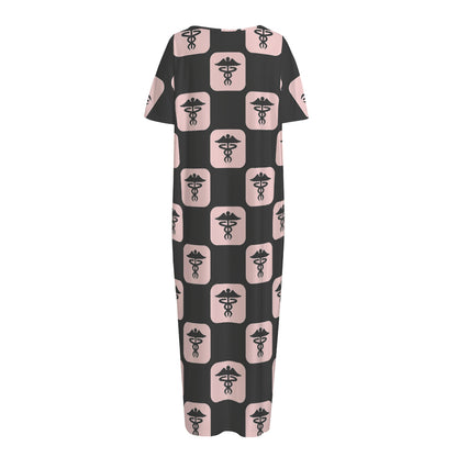 Caduceus Pattern Print Short Sleeve Long Nightdress