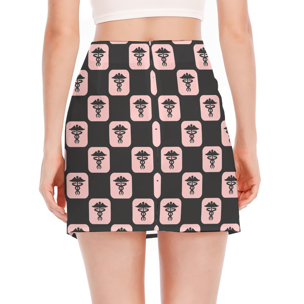 Caduceus Pattern Print Side Slit Mini Skirt