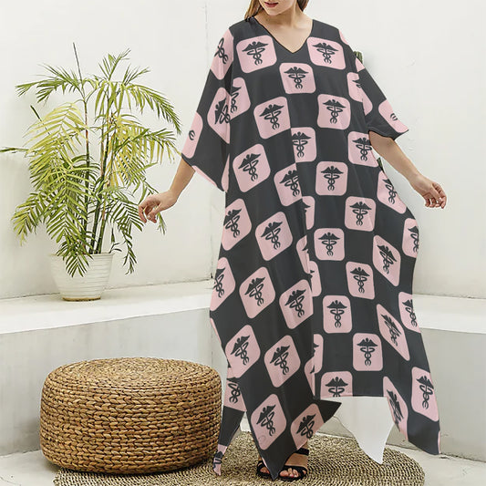 Caduceus Pattern Print Silk V-Neck Kaftan Dress