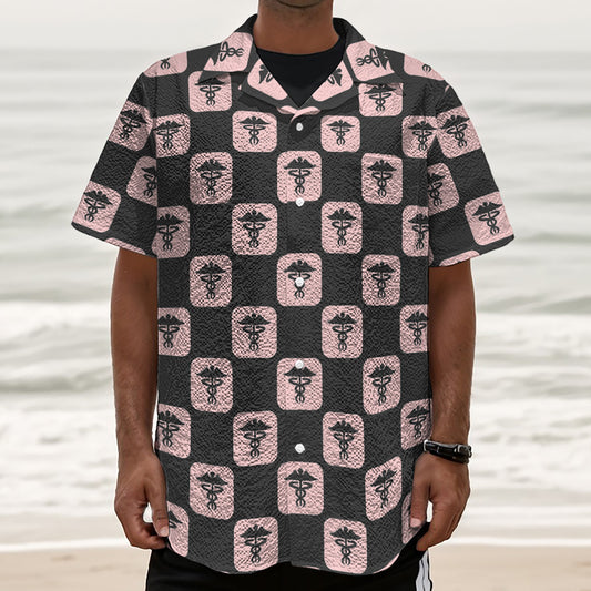 Caduceus Pattern Print Textured Short Sleeve Shirt
