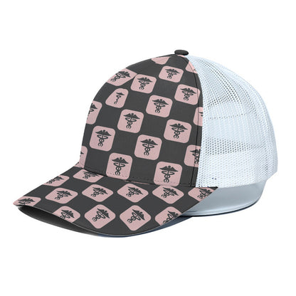 Caduceus Pattern Print White Mesh Trucker Cap