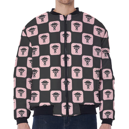 Caduceus Pattern Print Zip Sleeve Bomber Jacket