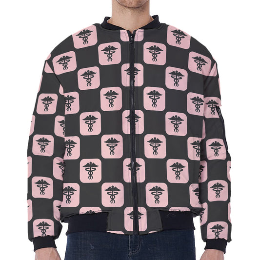 Caduceus Pattern Print Zip Sleeve Bomber Jacket