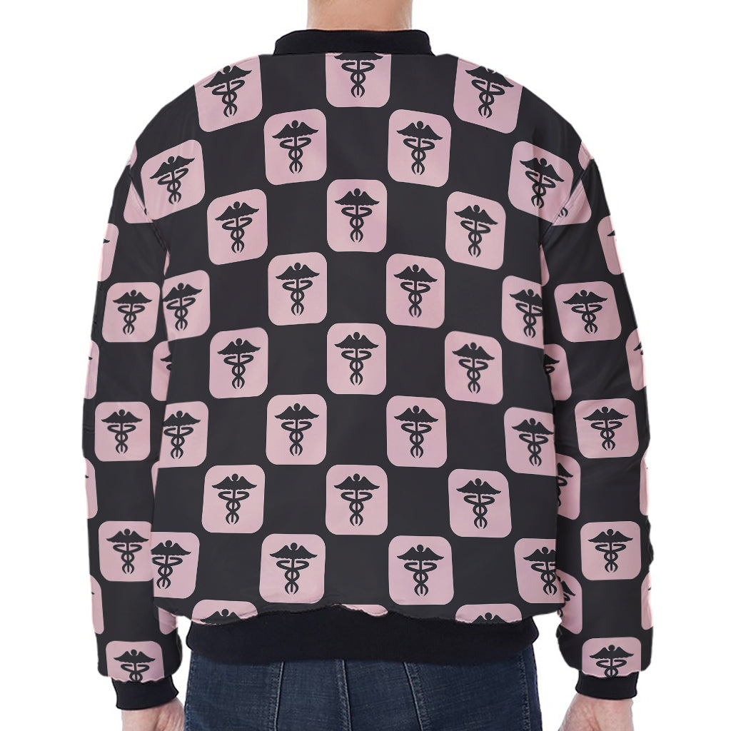Caduceus Pattern Print Zip Sleeve Bomber Jacket