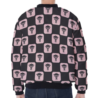 Caduceus Pattern Print Zip Sleeve Bomber Jacket
