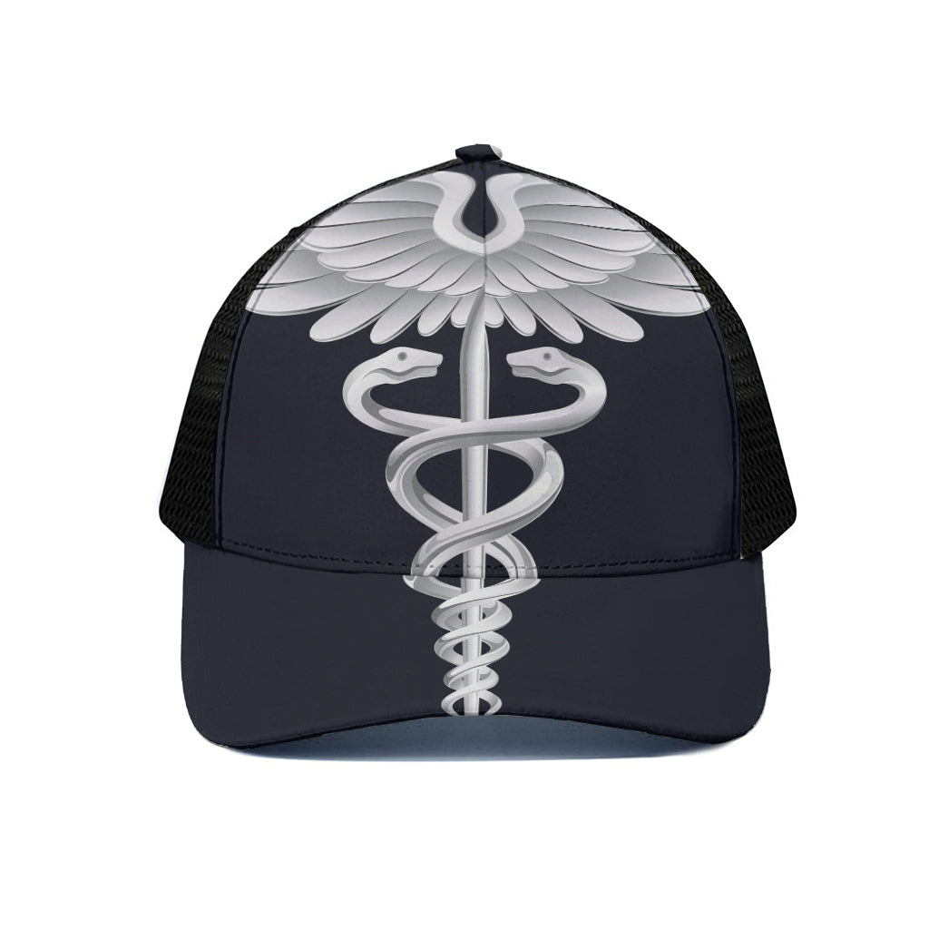 Caduceus Symbol Of Medicine Print Black Mesh Trucker Cap
