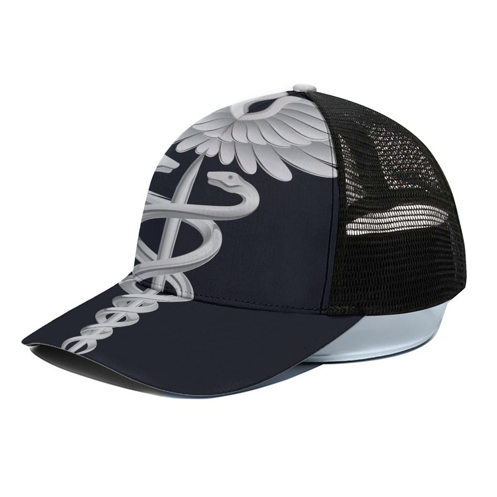 Caduceus Symbol Of Medicine Print Black Mesh Trucker Cap