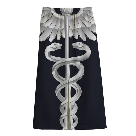 Caduceus Symbol Of Medicine Print Cotton Front Slit Maxi Skirt