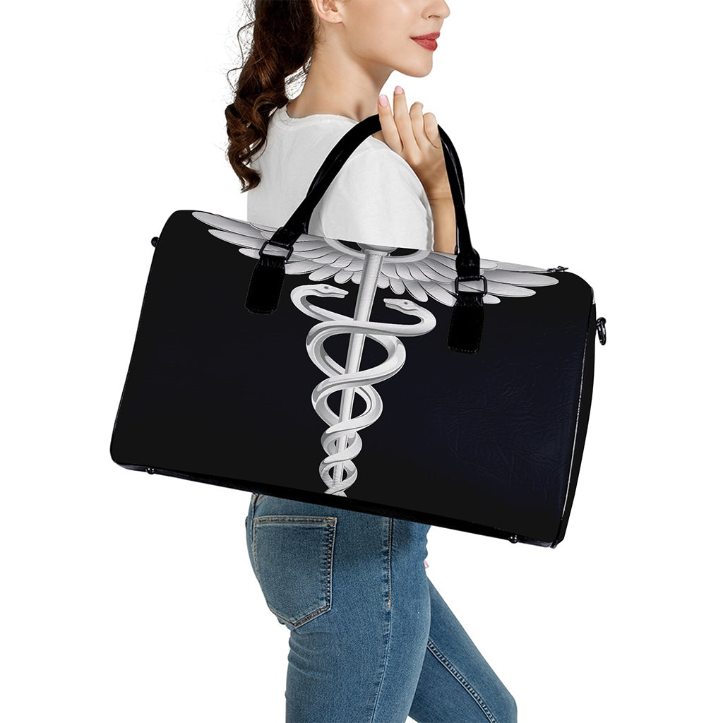 Caduceus Symbol Of Medicine Print Leather Duffle Bag