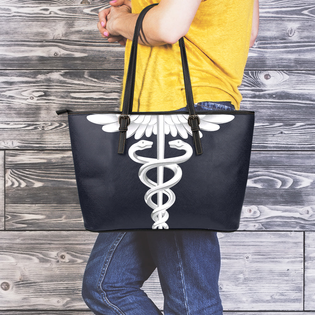 Caduceus Symbol Of Medicine Print Leather Tote Bag