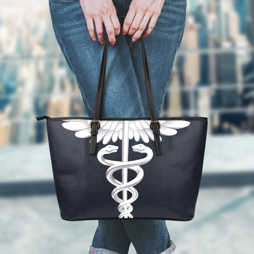 Caduceus Symbol Of Medicine Print Leather Tote Bag