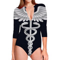 Caduceus Symbol Of Medicine Print Long Sleeve Swimsuit