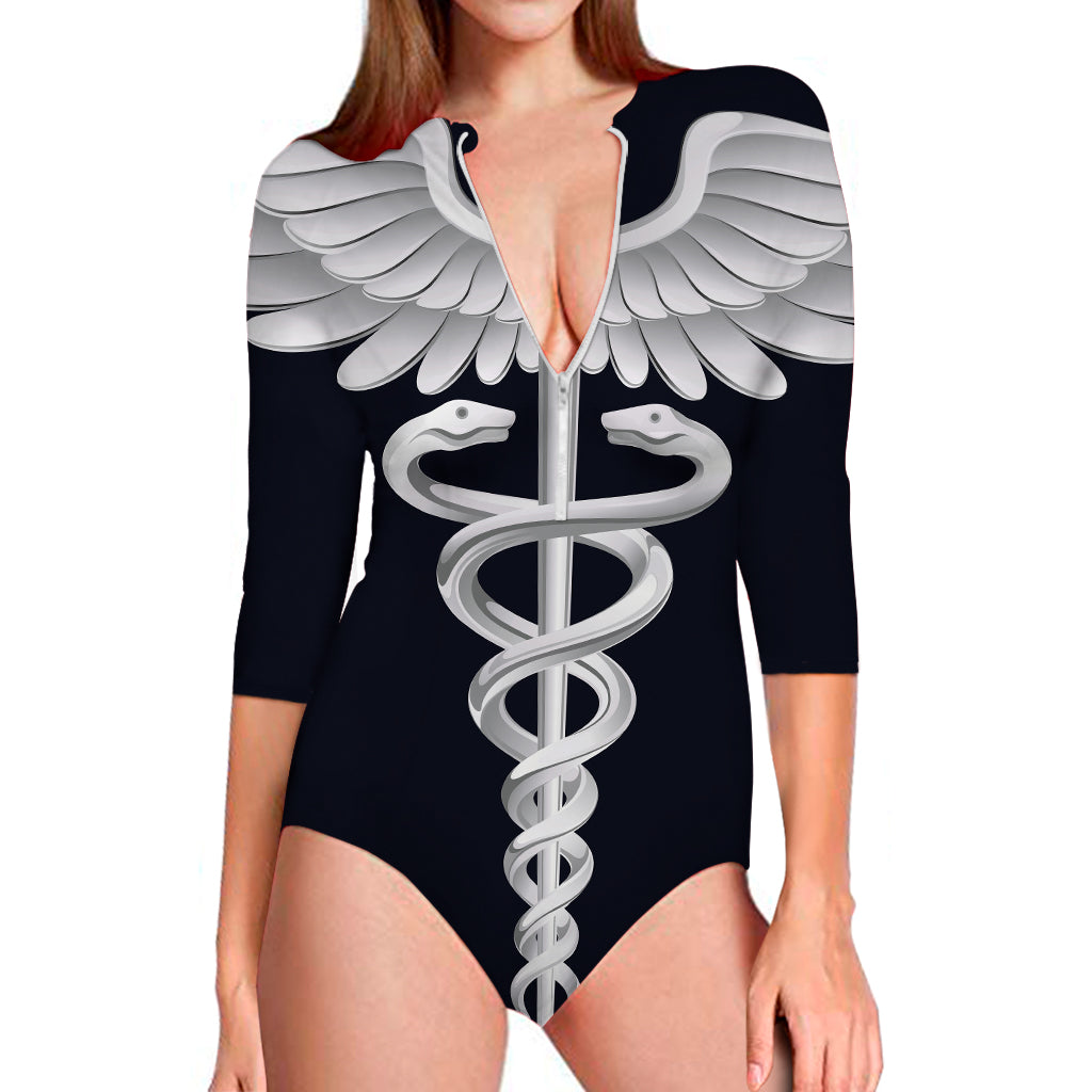 Caduceus Symbol Of Medicine Print Long Sleeve Swimsuit