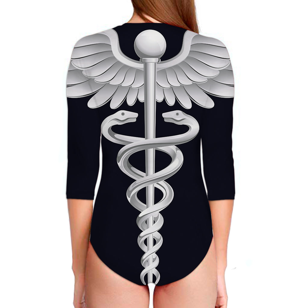 Caduceus Symbol Of Medicine Print Long Sleeve Swimsuit