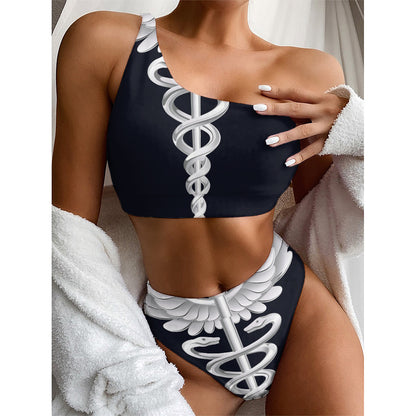 Caduceus Symbol Of Medicine Print One Shoulder Bikini Top