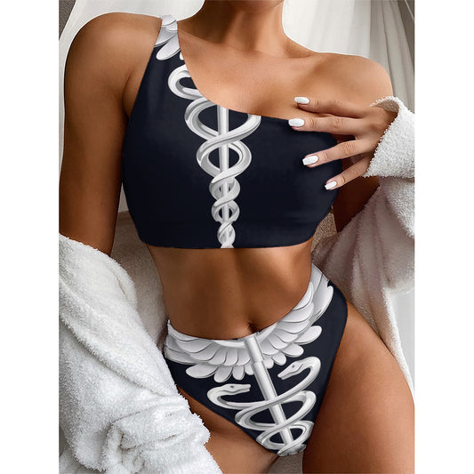 Caduceus Symbol Of Medicine Print One Shoulder Bikini Top