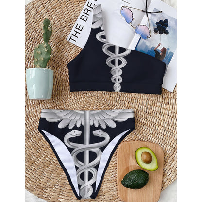 Caduceus Symbol Of Medicine Print One Shoulder Bikini Top