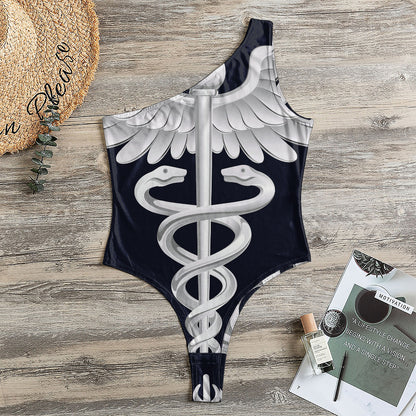Caduceus Symbol Of Medicine Print One Shoulder Bodysuit