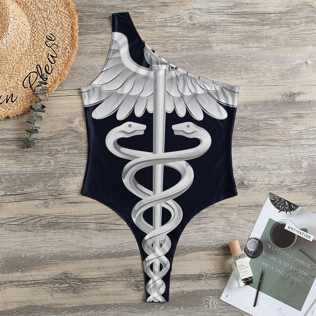 Caduceus Symbol Of Medicine Print One Shoulder Bodysuit