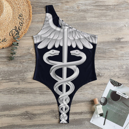 Caduceus Symbol Of Medicine Print One Shoulder Bodysuit