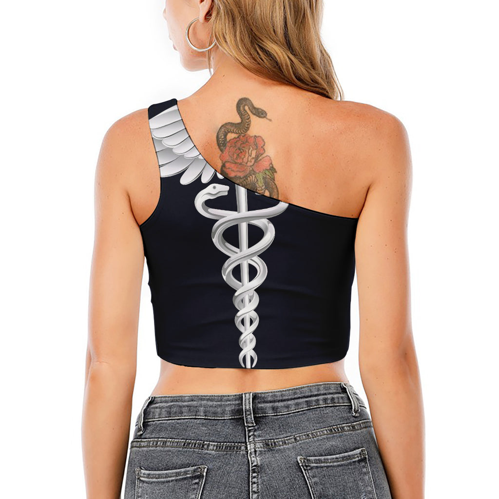 Caduceus Symbol Of Medicine Print One Shoulder Crop Top