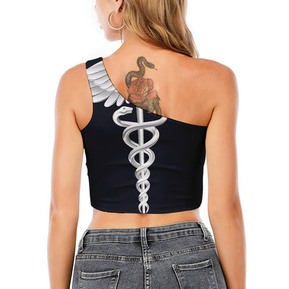 Caduceus Symbol Of Medicine Print One Shoulder Crop Top